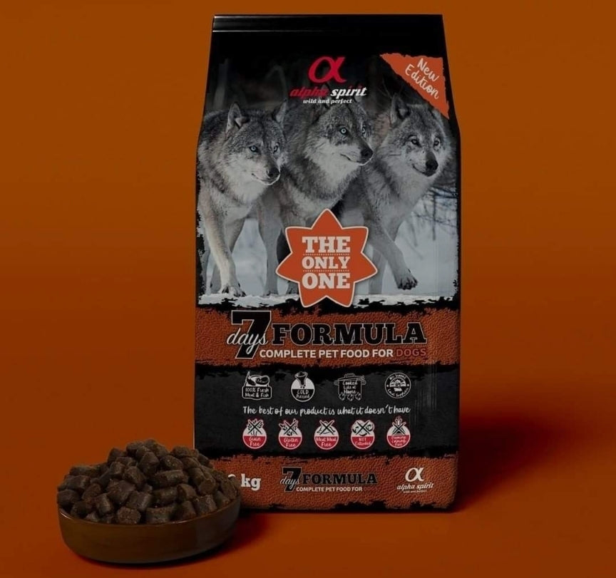Alpha Spirit- 7 Days Formula- Complete Adult Dog Food – The Only One (pork/chicken/fish)  (1/2 kg- sample bag)
