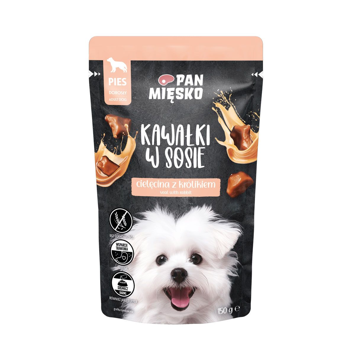PAN MIĘSKO (MR MEATY)– COMPLETE WET FOOD FOR ADULT DOGS- CHUNKS IN GRAVY– VEAL WITH RABBIT- 150 GR POUCH