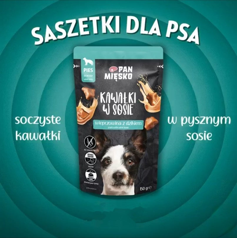 PAN MIĘSKO (MR MEATY)– COMPLETE WET FOOD FOR ADULT DOGS- CHUNKS IN GRAVY– PORK WITH WILD BOAR- 150 GR POUCH