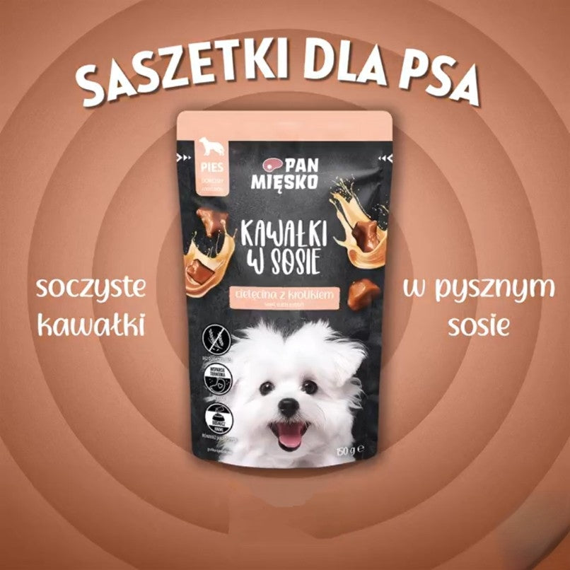 PAN MIĘSKO (MR MEATY)– COMPLETE WET FOOD FOR ADULT DOGS- CHUNKS IN GRAVY– VEAL WITH RABBIT- 150 GR POUCH
