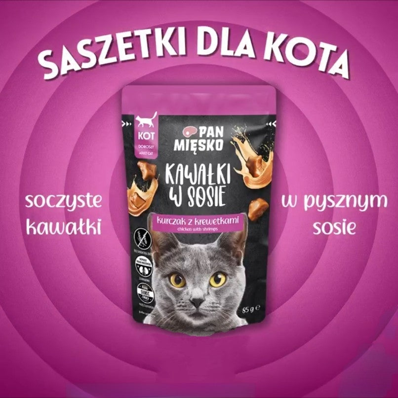 PAN MIĘSKO (MR MEATY)– CHUNKS IN GRAVY – CHICKEN WITH SHRIMPS- FOR ADULT CATS- 85 GR SACHETS