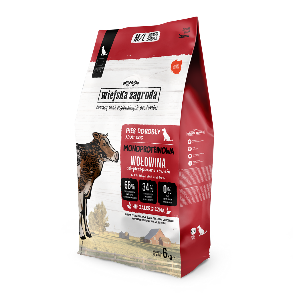 WIEJSKA ZAGRODA (COUNTRY OF ANIMALS)- MONOPROTEIN LINE- DRY FOOD FOR ADULT DOGS- BEEF- 6 KG BAGS