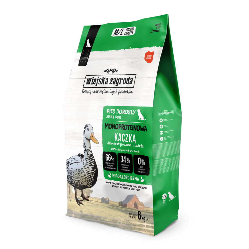 WIEJSKA ZAGRODA (COUNTRY OF ANIMALS)- MONOPROTEIN LINE- DRY FOOD FOR ADULT DOGS- DUCK- 6 KG BAGS