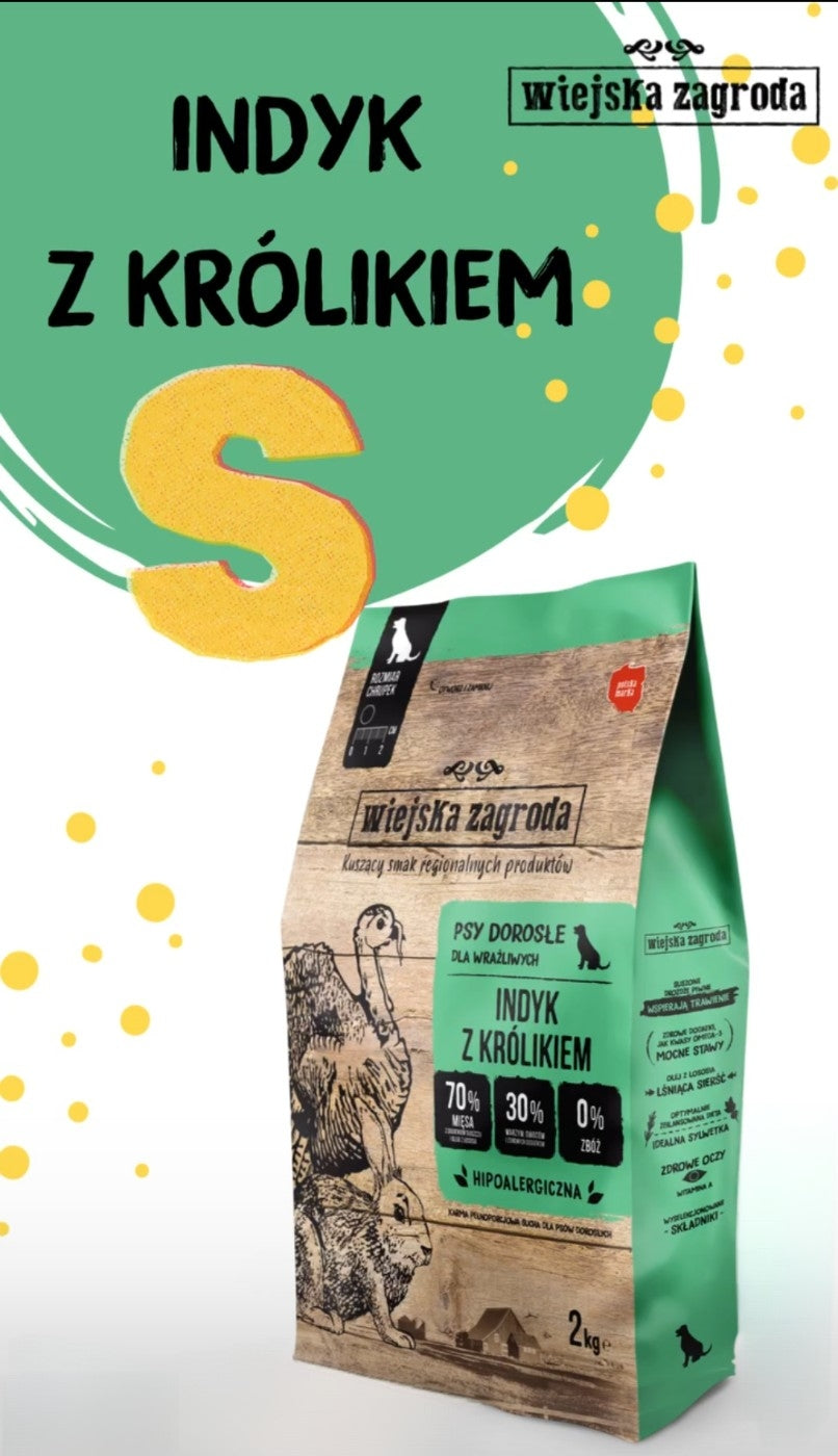 WIEJSKA ZAGRODA (COUNTRY OF ANIMALS)- KARMA SUCHA DLA PSÓW DOROSŁYCH Z WRAŻLIWYM BRZUSZKIEM- INDYK Z KRÓLIKIEM- S- 2KG TORBA