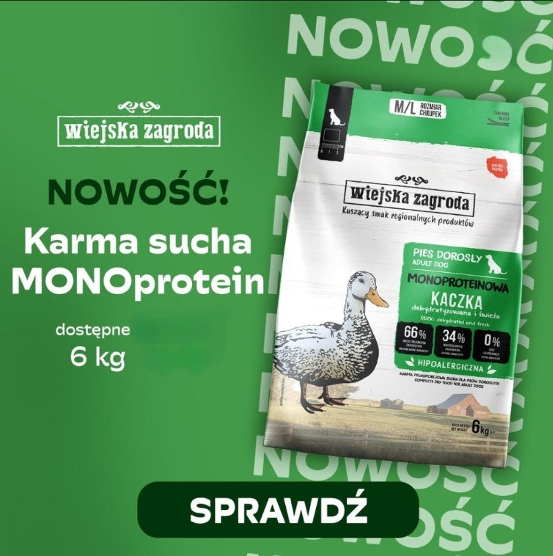 WIEJSKA ZAGRODA (COUNTRY OF ANIMALS)- MONOPROTEINOWA KARMA SUCHA DLA PSA DOROSŁEGO- KACZKA- M/L- 6 KG TORBA