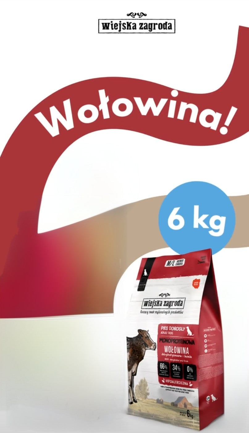 WIEJSKA ZAGRODA (COUNTRY OF ANIMALS)- MONOPROTEINOWA KARMA SUCHA DLA PSA DOROSŁEGO- WOŁOWINA- M/L- 6 KG TORBA