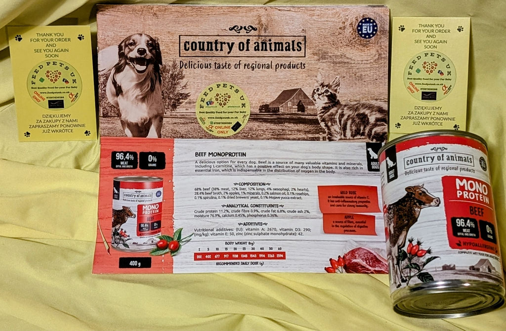 WIEJSKA ZAGRODA (COUNTRY OF ANIMALS)- MONOPROTEIN LINE- WET FOOD FOR ADULT DOGS- BEEF- 400 GR TINS