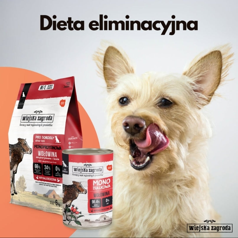WIEJSKA ZAGRODA (COUNTRY OF ANIMALS)- MONOPROTEIN LINE- WET FOOD FOR ADULT DOGS- BEEF- 400 GR TINS