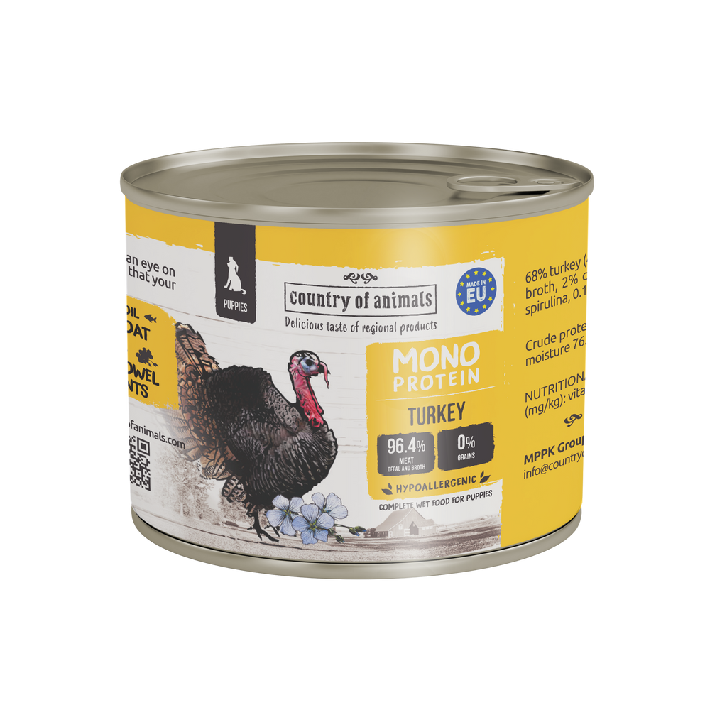 WIEJSKA ZAGRODA (COUNTRY OF ANIMALS)- MONOPROTEINOWA- KARMA MOKRA DLA SZCZENIĄT- INDYK- 200 GR PUSZKA