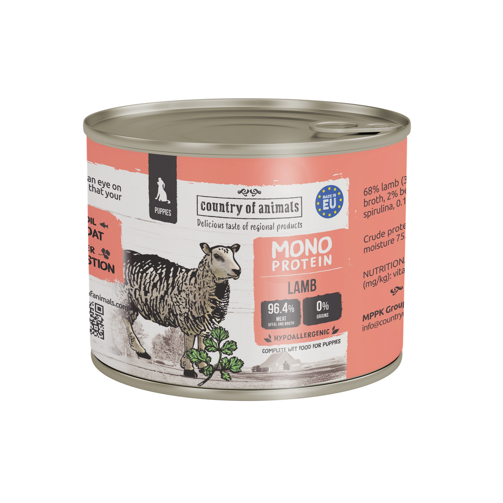 WIEJSKA ZAGRODA (COUNTRY OF ANIMALS)- MONOPROTEIN LINE- WET FOOD FOR PUPPIES- LAMB- 200 GR TINS