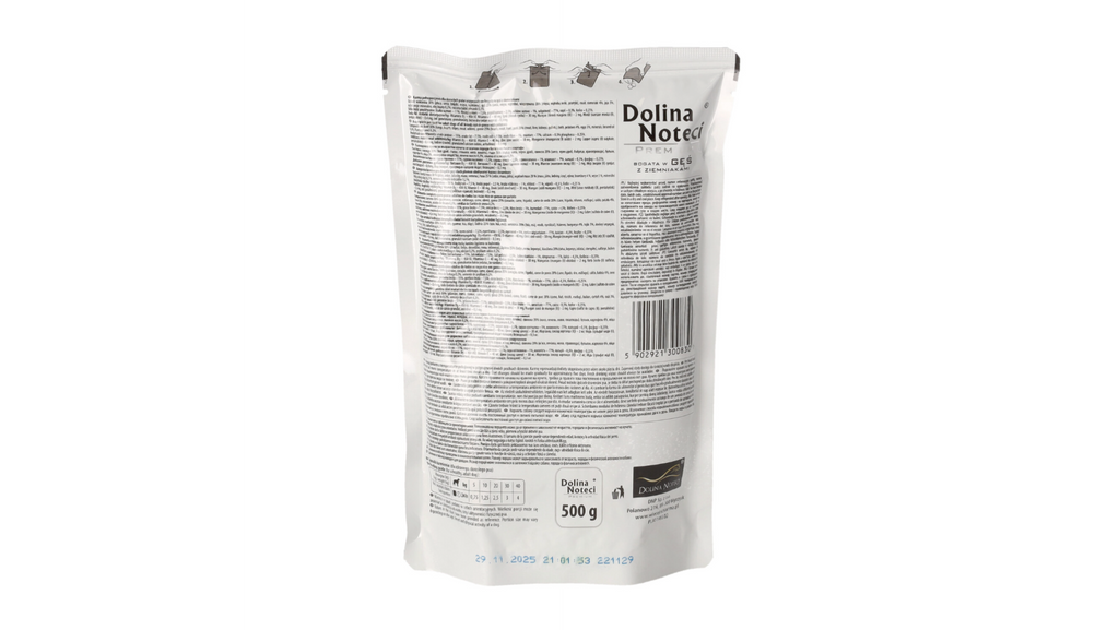 DOLINA NOTECI PREMIUM- GĘŚ Z ZIEMNIAKAMI- MOKRA KARMA DLA PSÓW DOROSŁYCH- 500 gr SASZETKI
