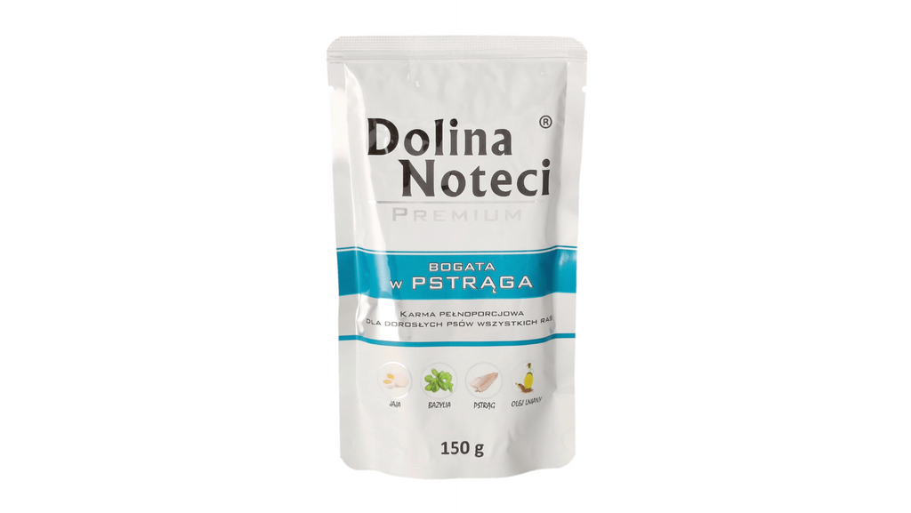 DOLINA NOTECI PREMIUM- BOGATA W PSTRĄGA- MOKRA KARMA DLA PSÓW DOROSŁYCH- 150 gr SASZETKI