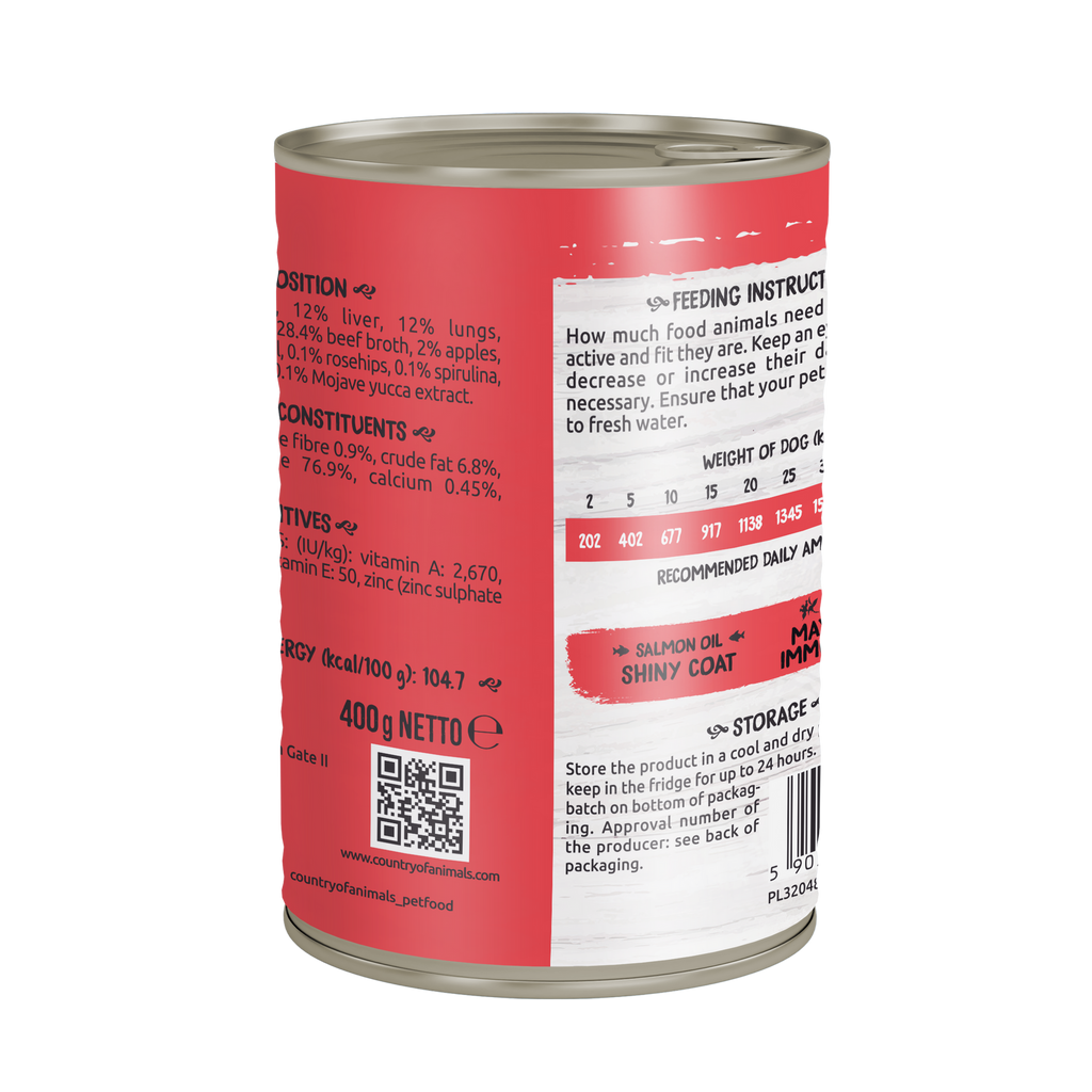 WIEJSKA ZAGRODA (COUNTRY OF ANIMALS)- MONOPROTEIN LINE- WET FOOD FOR ADULT DOGS- BEEF- 400 GR TINS