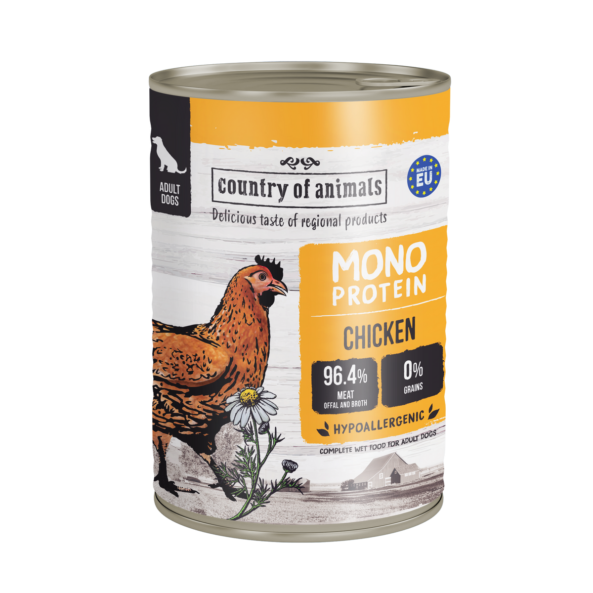 WIEJSKA ZAGRODA (COUNTRY OF ANIMALS)- MONOPROTEINOWA- KARMA MOKRA DLA PSA DOROSŁEGO- KURCZAK- 400 GR PUSZKA