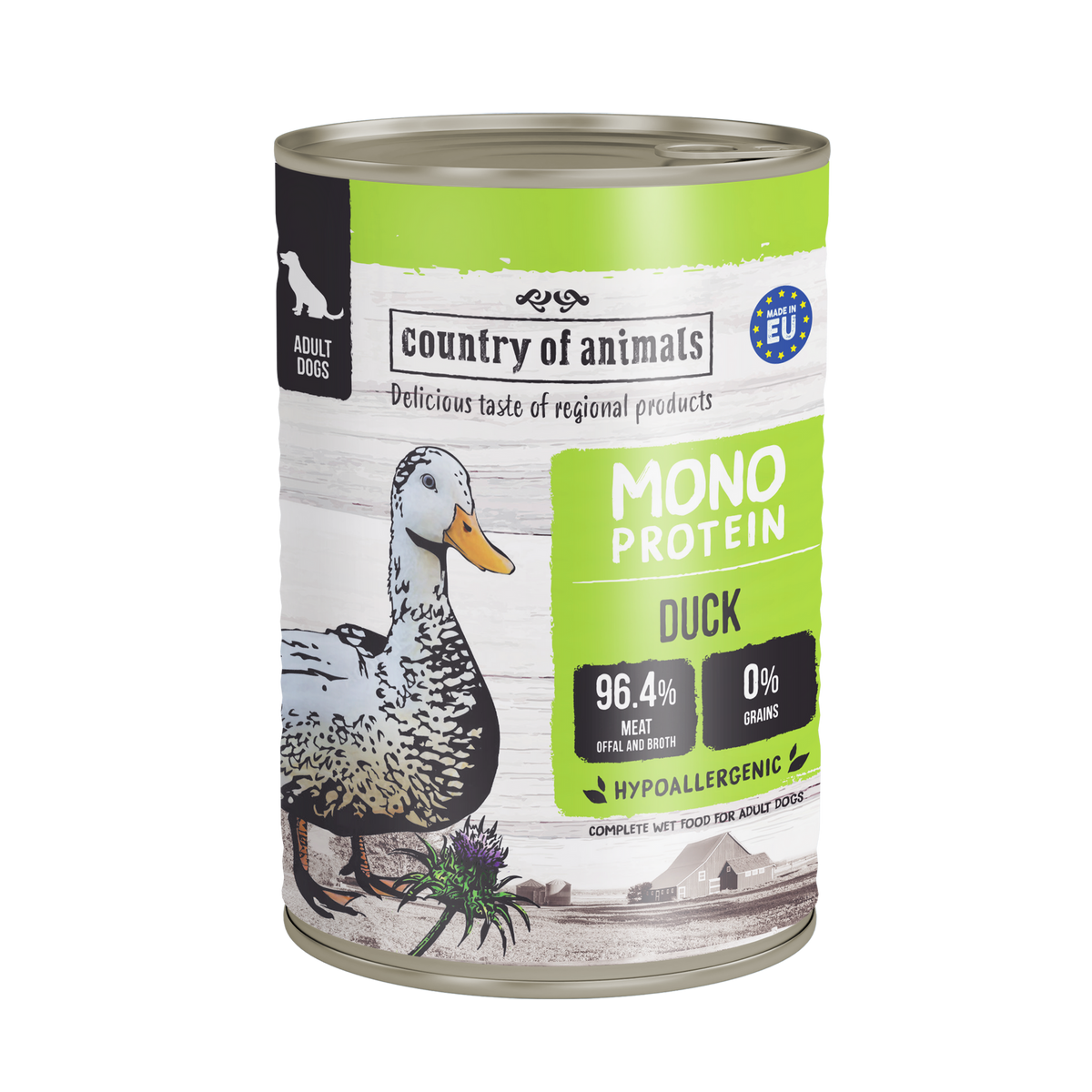 WIEJSKA ZAGRODA (COUNTRY OF ANIMALS)- MONOPROTEINOWA- KARMA MOKRA DLA PSA DOROSŁEGO- KACZKA- 400 GR PUSZKA
