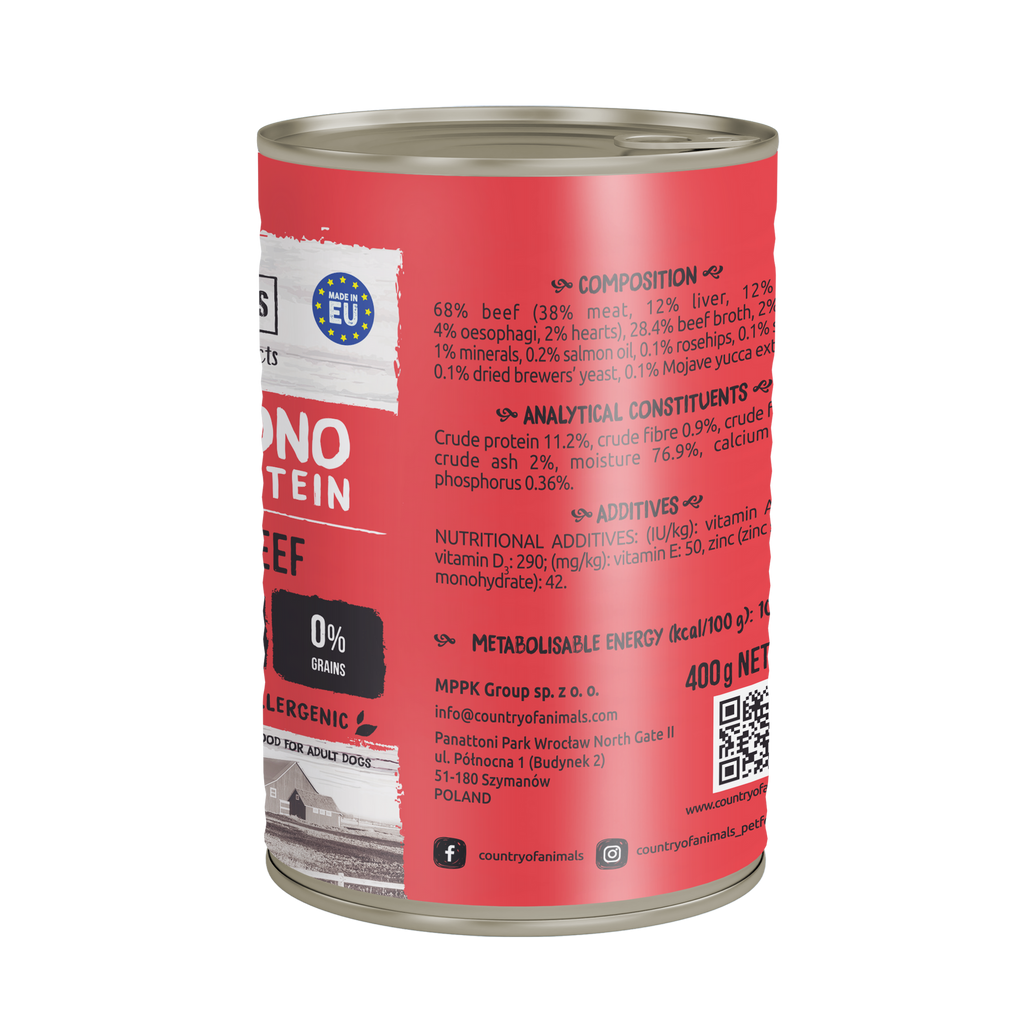 WIEJSKA ZAGRODA (COUNTRY OF ANIMALS)- MONOPROTEIN LINE- WET FOOD FOR ADULT DOGS- BEEF- 400 GR TINS