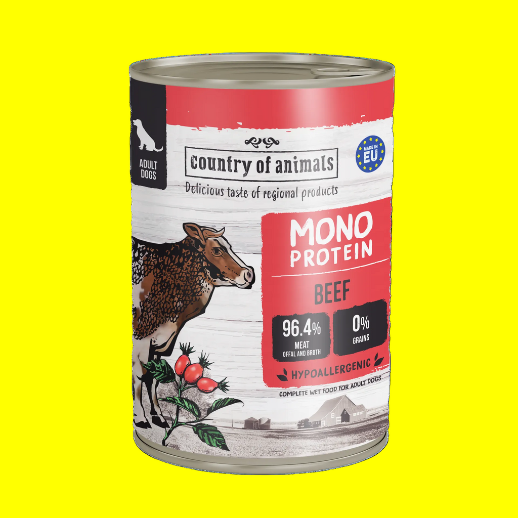 WIEJSKA ZAGRODA (COUNTRY OF ANIMALS)- MONOPROTEIN LINE- WET FOOD FOR ADULT DOGS- BEEF- 400 GR TINS