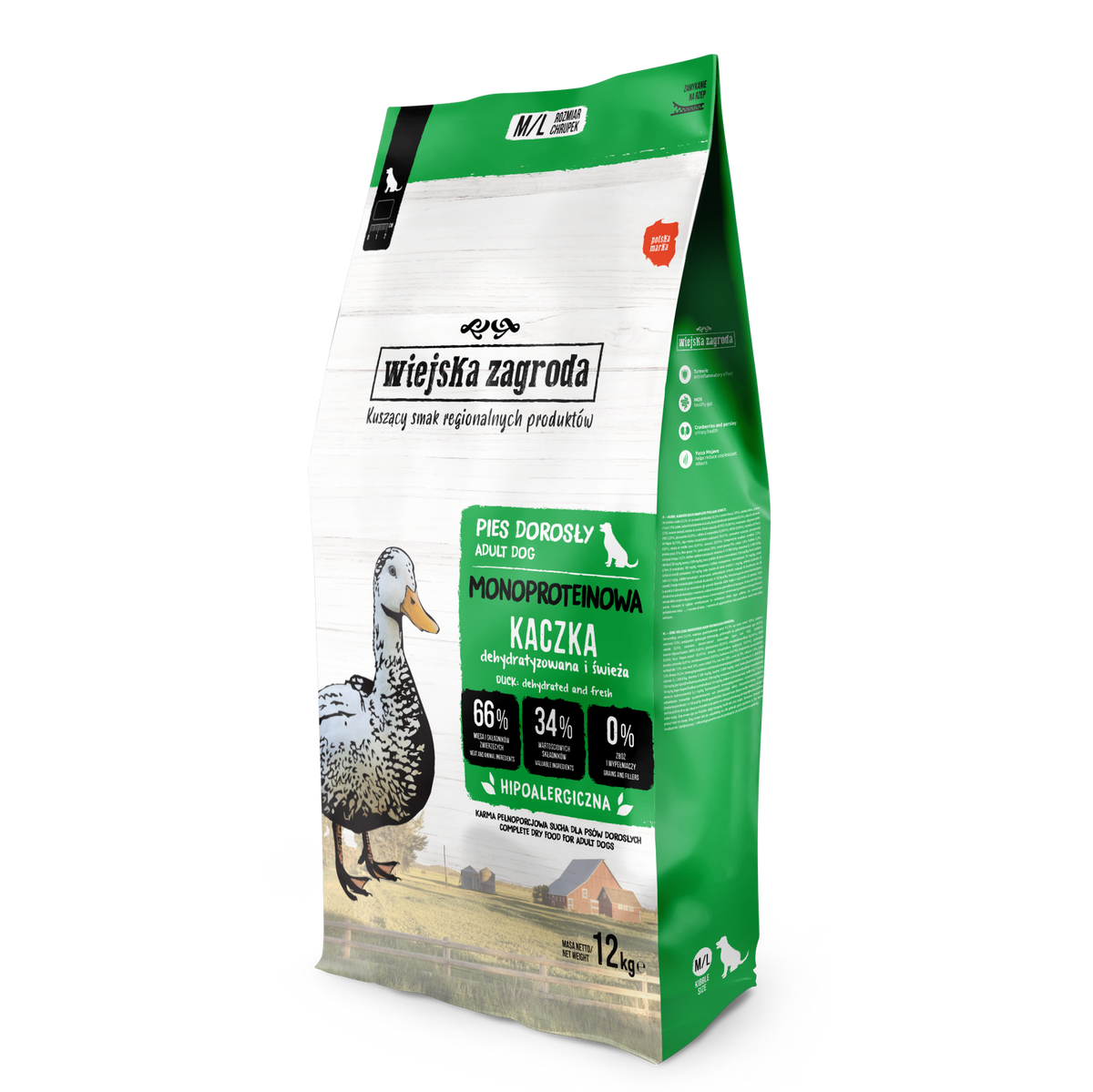 WIEJSKA ZAGRODA (COUNTRY OF ANIMALS)- MONOPROTEINOWA KARMA SUCHA DLA PSA DOROSŁEGO- KACZKA- M/L- 12 KG TORBA