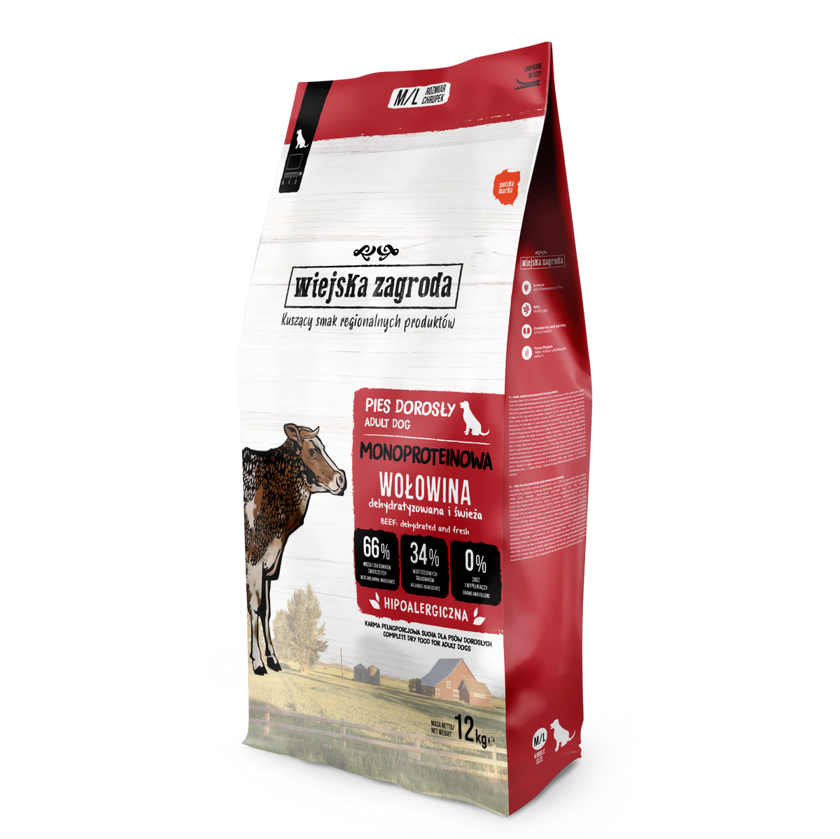 WIEJSKA ZAGRODA (COUNTRY OF ANIMALS)- MONOPROTEINOWA KARMA SUCHA DLA PSA DOROSŁEGO- WOŁOWINA- M/L- 12 KG TORBA