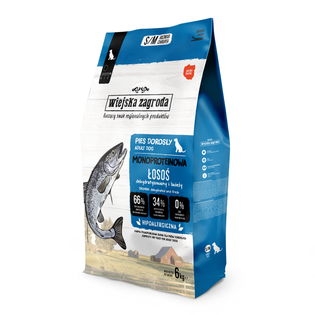WIEJSKA ZAGRODA (COUNTRY OF ANIMALS)- MONOPROTEIN LINE- DRY FOOD FOR ADULT DOGS- SALMON- 6 KG BAGS