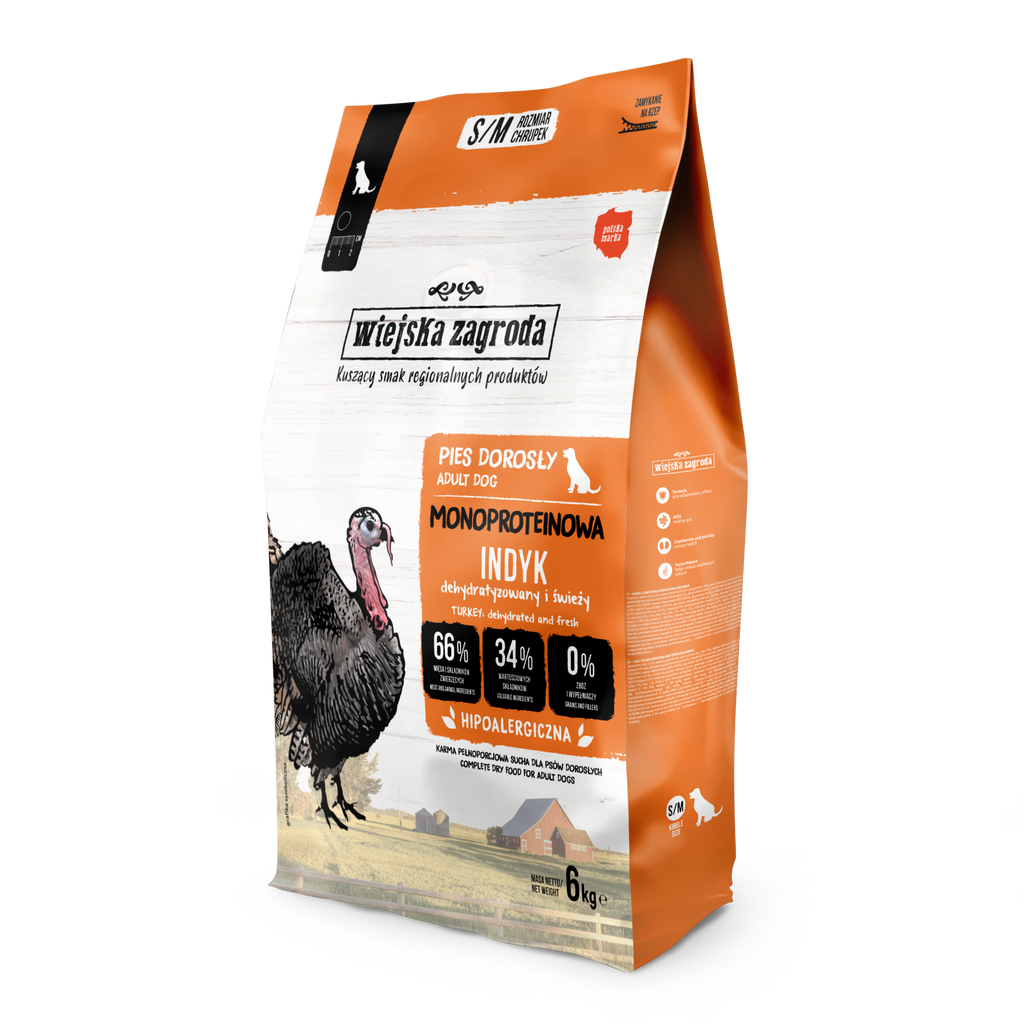 WIEJSKA ZAGRODA (COUNTRY OF ANIMALS)- MONOPROTEINOWA KARMA SUCHA DLA PSA DOROSŁEGO- INDYK- M/L- 6 KG TORBA