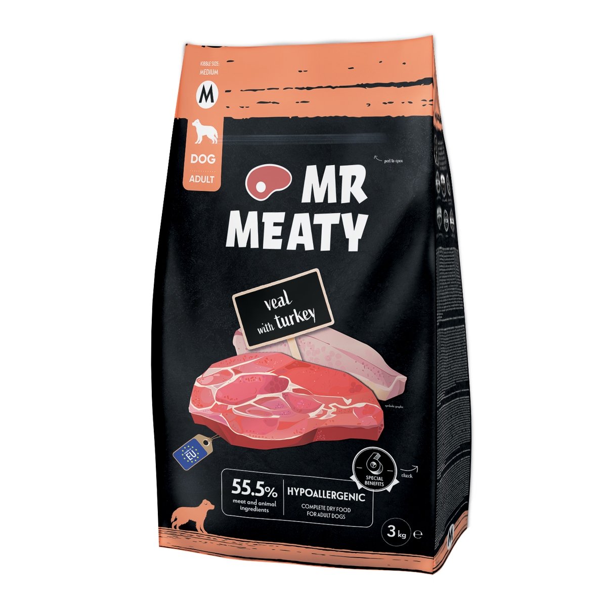 ​MR MEATY – KOMPLETNA KARMA SUCHA DLA PSÓW DOROSŁYCH – CIELĘCINA Z INDYKIEM- 3 KG- ROZMIAR M