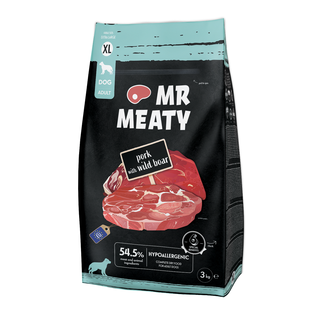 ​MR MEATY – KOMPLETNA KARMA SUCHA DLA PSÓW DOROSŁYCH – WIEPRZOWINA Z DZIKIEM- 3 KG- ROZMIAR XL