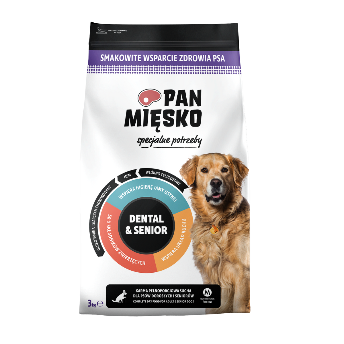 PAN MIĘSKO- SPECJALNE POTRZEBY- DENTAL & SENIOR- KARMA SUCHA DLA PSA DOROSŁEGO- CHRUPKI M- 3 KG TORBA
