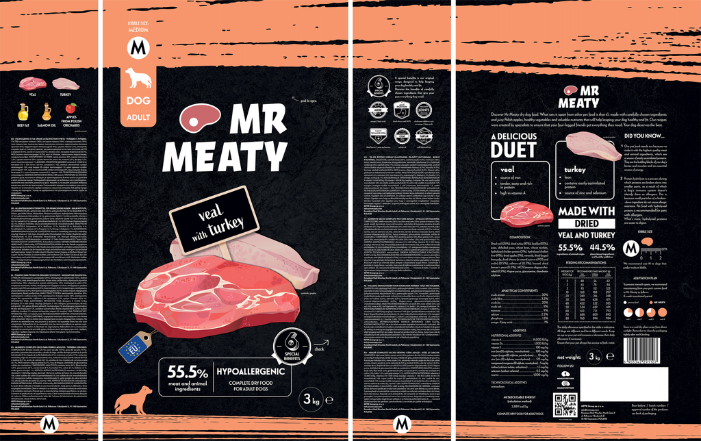 ​MR MEATY – KOMPLETNA KARMA SUCHA DLA PSÓW DOROSŁYCH – CIELĘCINA Z INDYKIEM- 3 KG- ROZMIAR M