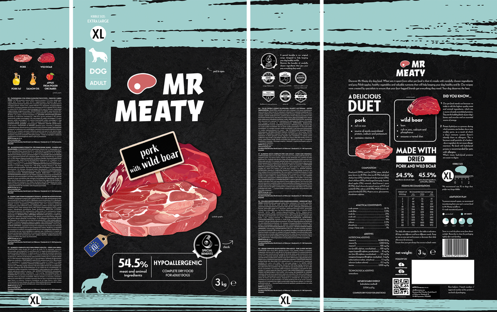 ​MR MEATY – KOMPLETNA KARMA SUCHA DLA PSÓW DOROSŁYCH – WIEPRZOWINA Z DZIKIEM- 3 KG- ROZMIAR XL