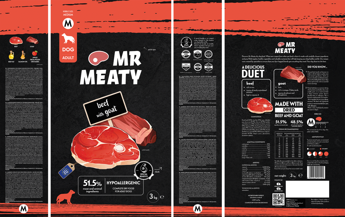 MR MEATY- COMPLETE DRY FOOD FOR ADULT DOGS-  BEEF WITH GOAT- 3 KG- SIZE M