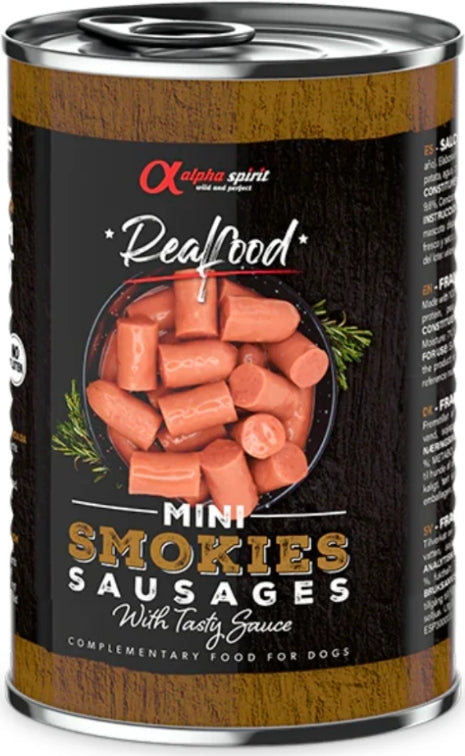 ALPHA SPIRIT- Realfood Smokies Complementary, Mini Smoked Sausages for Dogs - 400g