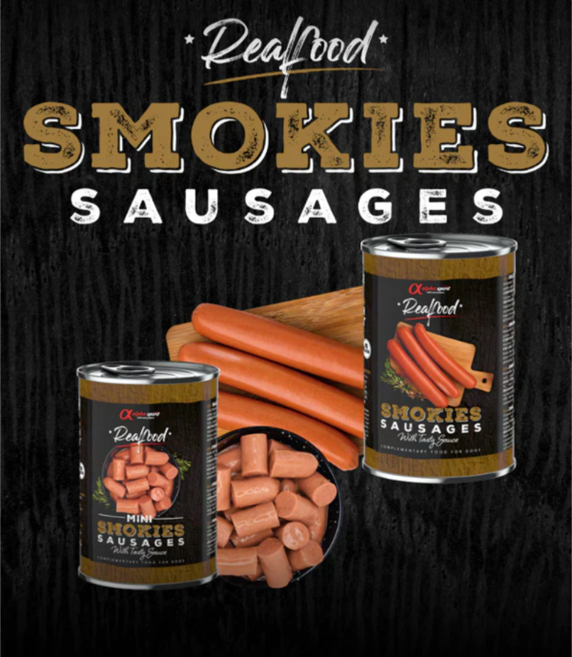 ALPHA SPIRIT- Realfood Smokies Complementary, Mini Smoked Sausages for Dogs - 400g