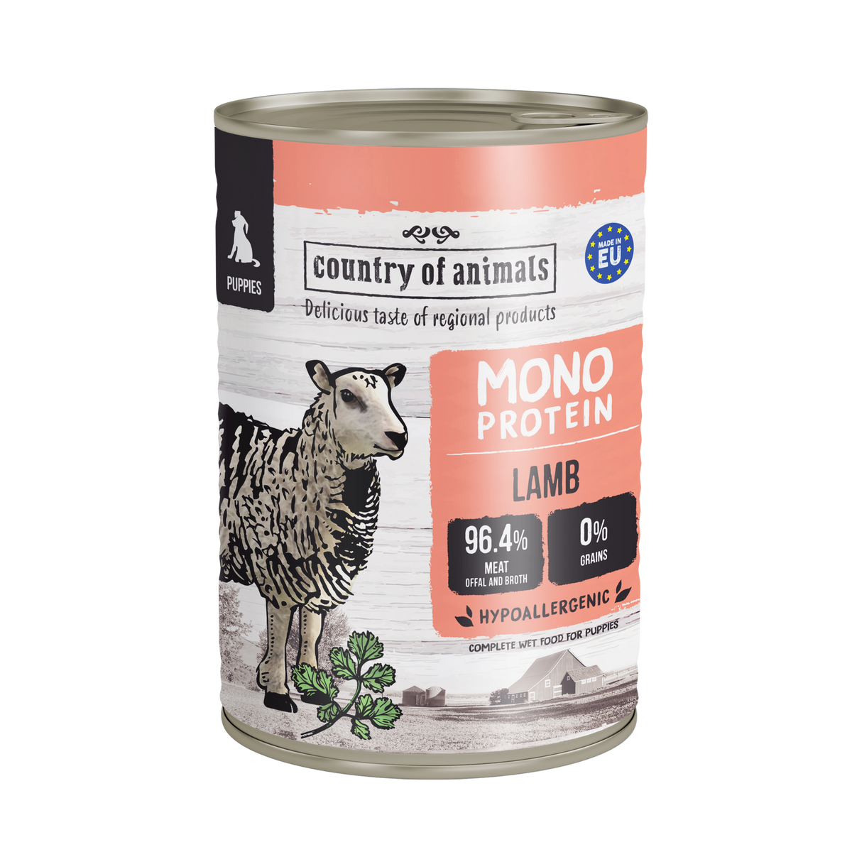 WIEJSKA ZAGRODA (COUNTRY OF ANIMALS)- MONOPROTEIN LINE- WET FOOD FOR PUPPIES- LAMB- 400 GR TINS