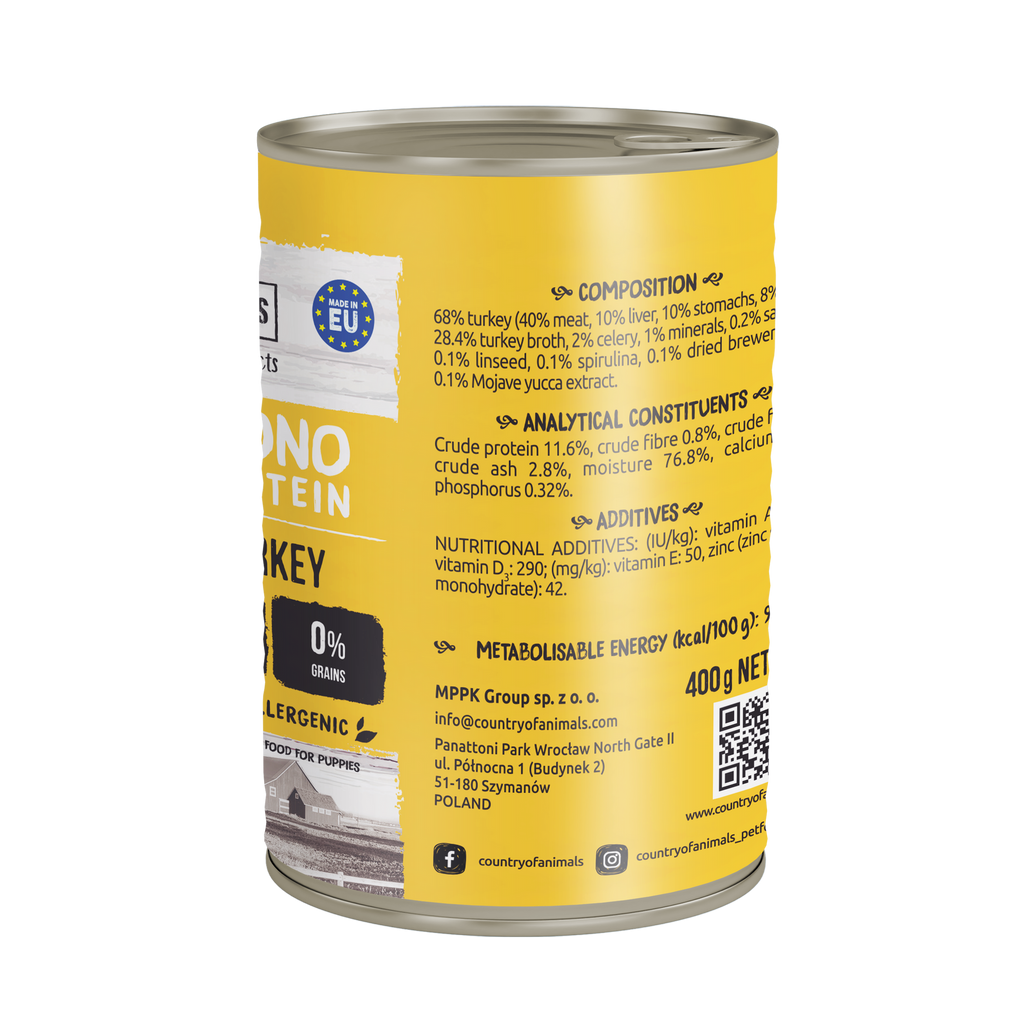 WIEJSKA ZAGRODA (COUNTRY OF ANIMALS)- MONOPROTEIN LINE- WET FOOD FOR PUPPIES- TURKEY- 400 GR TINS