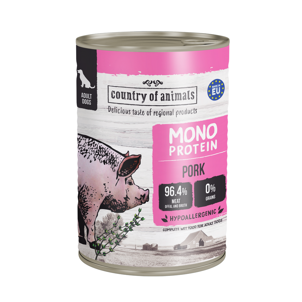 WIEJSKA ZAGRODA (COUNTRY OF ANIMALS)- MONOPROTEINOWA- KARMA MOKRA DLA PSA DOROSŁEGO- WIEPRZOWINA- 400 GR PUSZKA