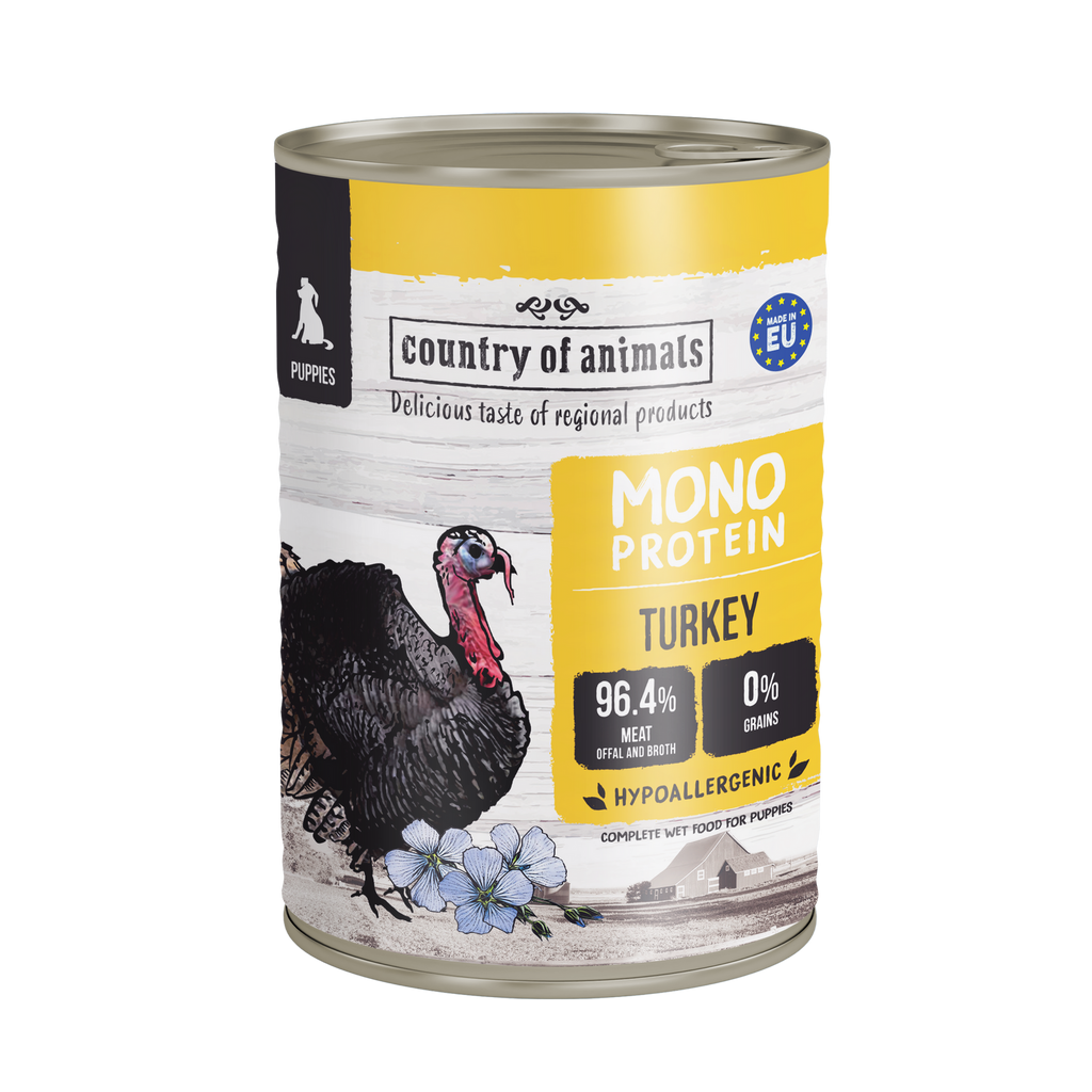 WIEJSKA ZAGRODA (COUNTRY OF ANIMALS)- MONOPROTEIN LINE- WET FOOD FOR PUPPIES- TURKEY- 400 GR TINS