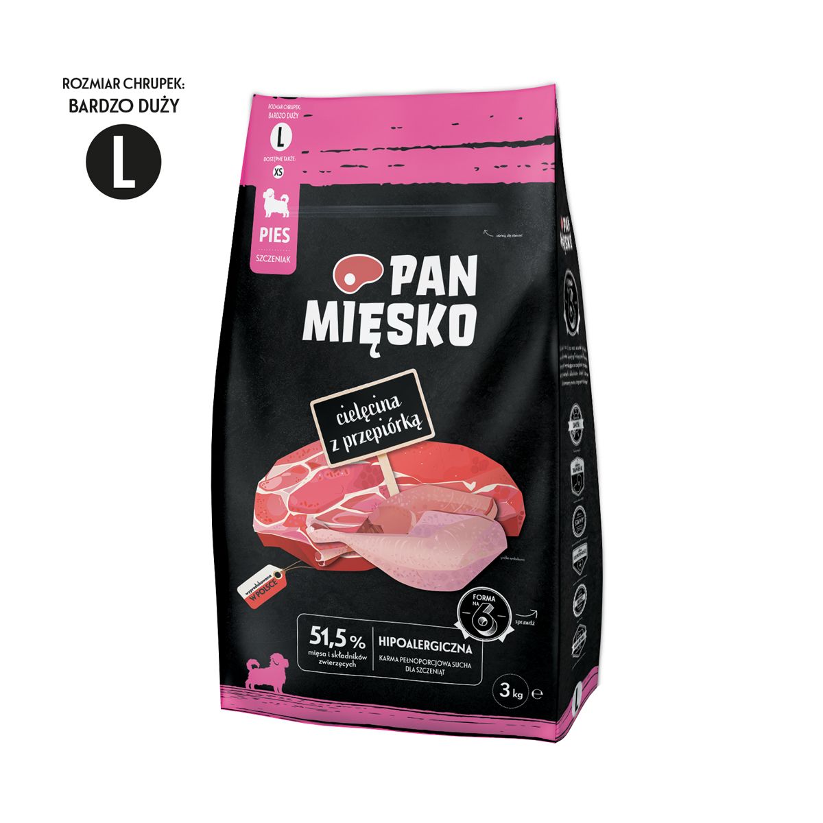 PAN MIESKO- KOMPLETNA KARMA SUCHA DLA SZCZENIĄT- CIELĘCINA Z PRZEPIÓRKĄ- ROZMIAR XS & L- 3KG