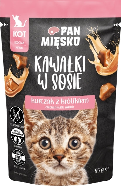 PAN MIĘSKO (MR MEATY)- CHUNKS IN GRAVY- CHICKEN WITH RABBIT- COMPLETE FOOD FOR KITTENS- 85 GR