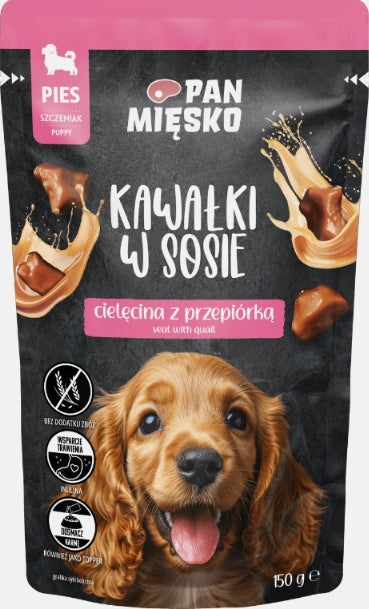 PAN MIĘSKO (MR MEATY)– COMPLETE WET FOOD FOR PUPPIES- CHUNKS IN GRAVY– VEAL WITH QUAIL- 150 GR POUCH