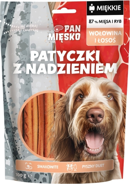 MR MEATY- TREATS- SOFT STICKS WITH FILLING OF BEEF AND SALMON- 100 GR