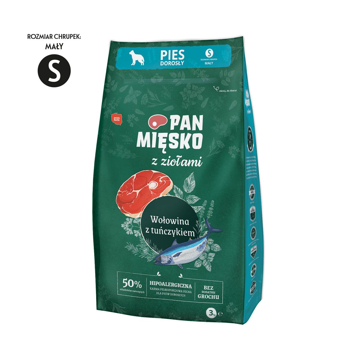 MR MEATY- (PAN MIĘSKO) WITH HERBS- BEEF WITH TUNA - COMPLETE DRY FOOD FOR ADULT DOGS-SIZE S- 3KG BAGS