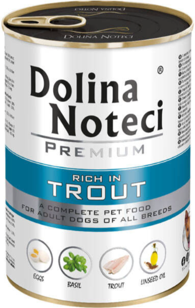 DOLINA NOTECI PREMIUM- BOGATA W PSTRĄGA- MOKRA KARMA DLA PSÓW DOROSŁYCH- 400 gr PUSZKA